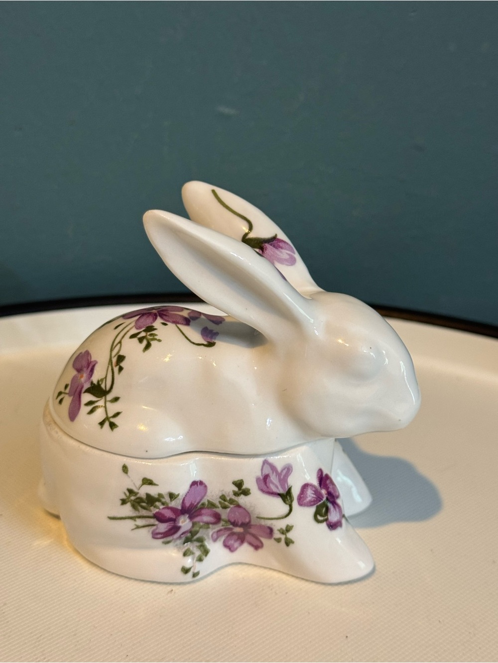 Vintage MANN Victorian Violets Bunny Rabbit Lidded Trinket Box Bone China